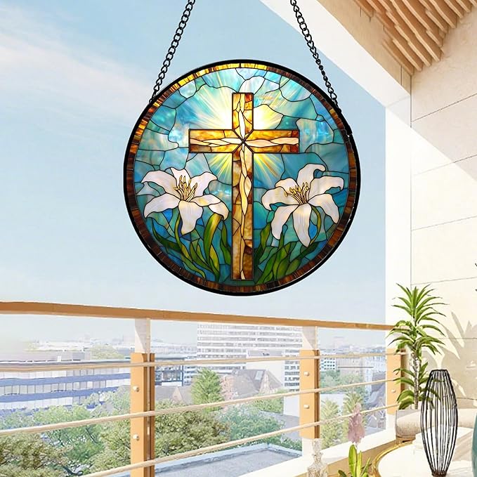 Christian Gifts for Women - Cross Stained Glass Window Hanging Jesus Easter White Lily Flower Sun Catcher Garden Religion Decor Mother's Day Catholic Gift for Men Grandma Mom Her Nana 15"