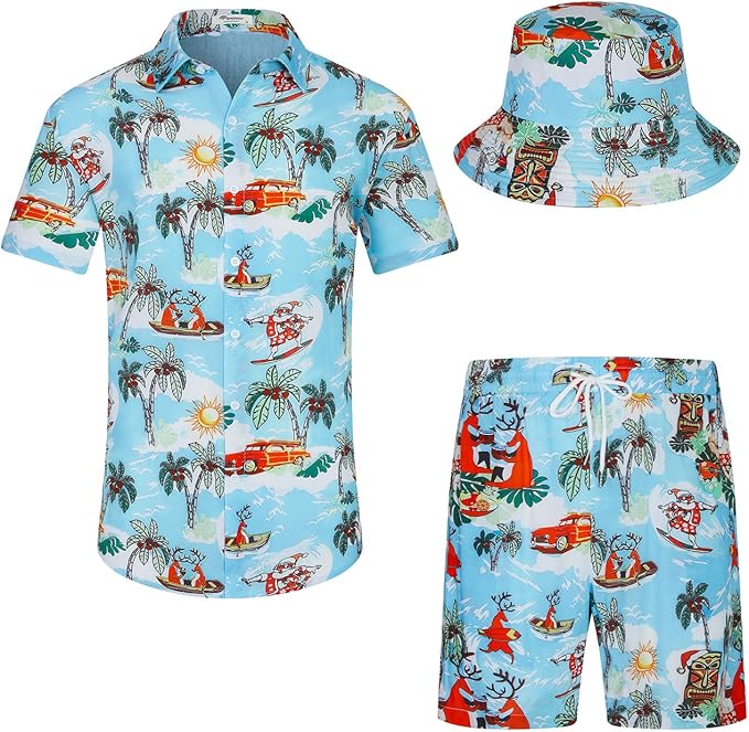 EISHOPEER Men's Flower Hawaiian Sets Casual Short Sleeve Shirt and Shorts Suits Outfits with Bucket Hats