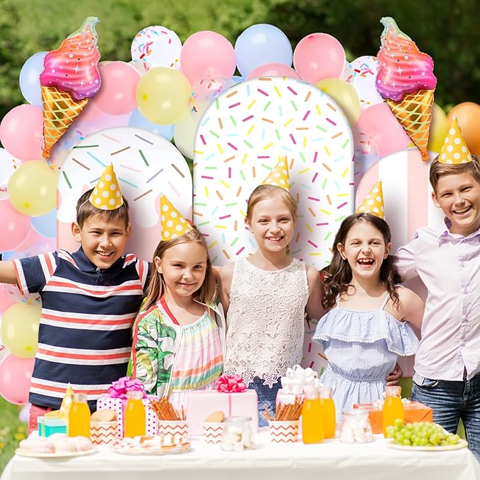 34 Pcs Sweet One Birthday Decorations Pastel Donut Ice Cream Balloon Arch Backdrop Covers Pastel Spandex Arch Backdrop Cover with Ice Cream Foil Donut Balloons for Sweet Birthday Party