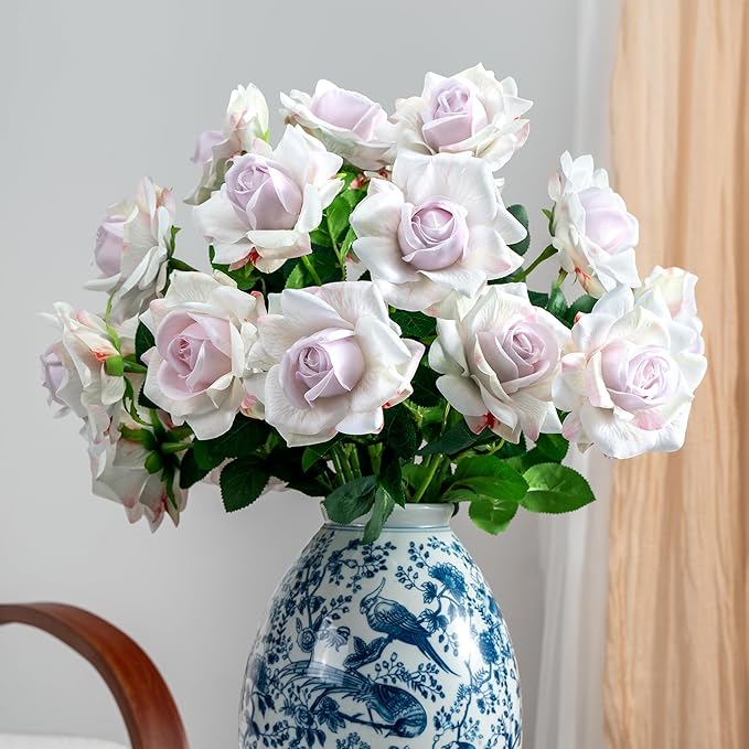 Artificial Flowers Spring Artificial Roses 23.2In Fake Roses Long Stem Artificial Flowers for Tall Vase Suitable for Wedding Party Decor Valentine's Day DIY Bouquet 20PCS White Purple Heart