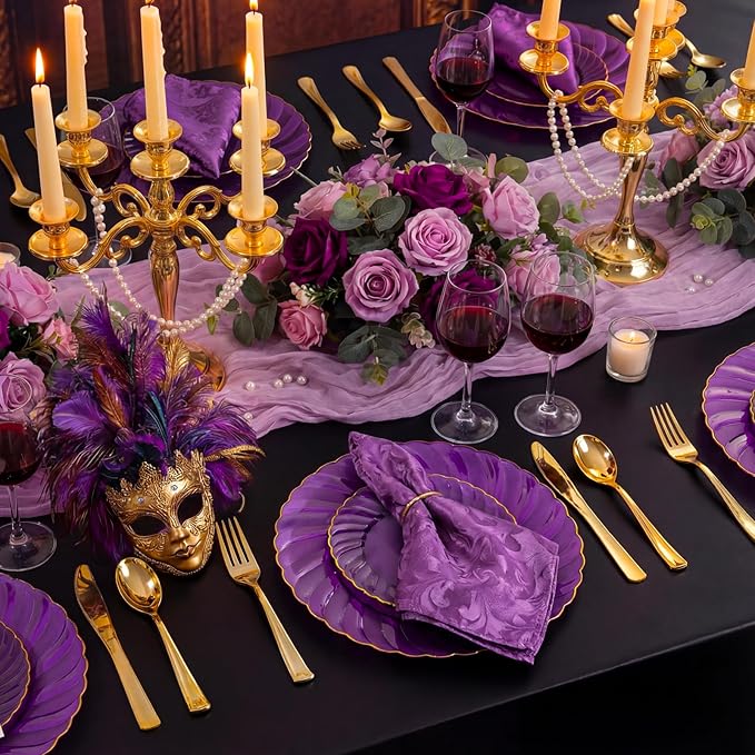 YOUBET 125PCS Purple Plastic Dinnerware Set - Gold and Clear Purple Disposable Plates Include 50 Plastic Plates 75 Silverwares for Wedding Birthday Parties & Mardi Gras Party