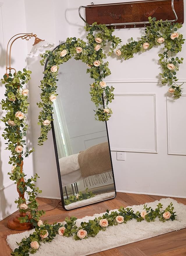 PARTY JOY 2pcs 6.56ft Eucalyptus Garland with Flowers-8 Pink Roses-Lush,Natural Looking, Floral Garland Greenery for Party Wedding Table Indoor Outdoor Backdrop Wall Decor（Pink）