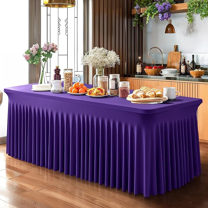 2 Packs Purple Table Clothes for 4 Foot Rectangle Tables, One-Piece Wrinkle Resistant Stretch Spandex Table Covers with Skirt for Event Banquet Wedding Birthday Party
