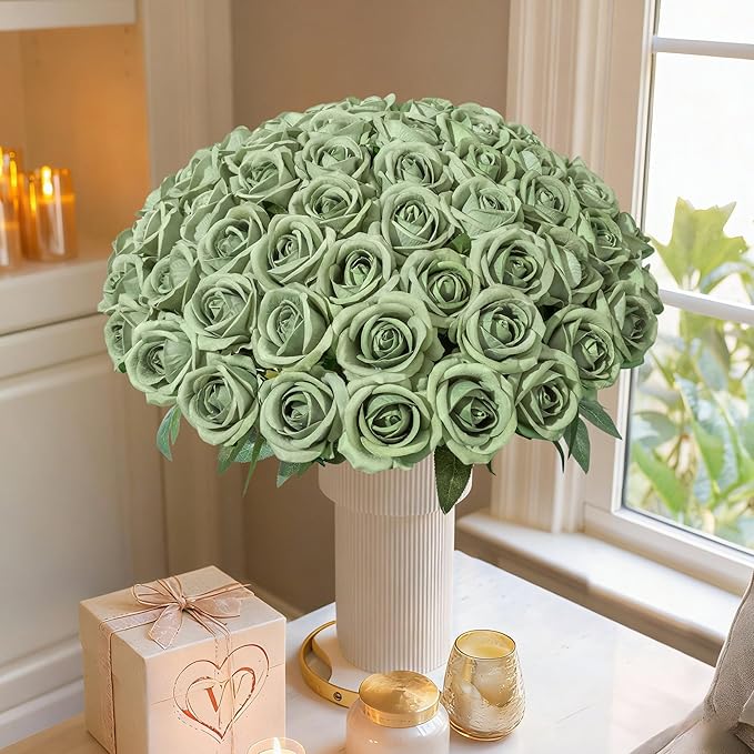 50 PCS Green Roses Artificial Flowers, Fake Roses with Stem Realistic Silk Roses for DIY Wedding Bouquets Tables Centerpieces Arrangements Baby Shower Birthday Home Decor Valentine's Day Gift for Her