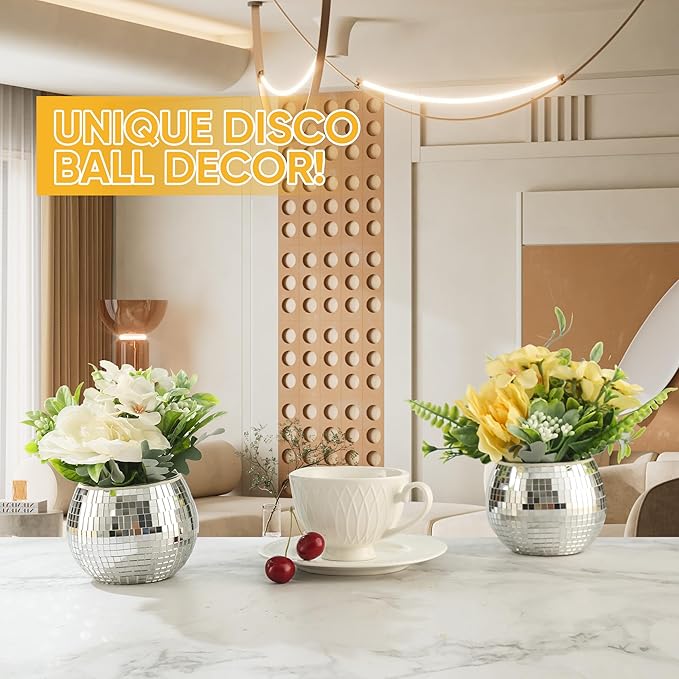 6 Pcs Disco Ball Vase Disco Ball Planter for Centerpieces Disco Ball Decor Flower Vase with Silver Mirror Glass for Wedding, Birthday, Party (4" X 4.7")