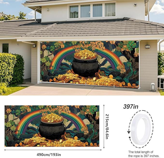 Pot of Gold St. Patrick’s Day Garage Door Banner 7x16FT, Lucky Clover & Rainbow Garage Door Cover, Outdoor Decoration for Yard & Garage on St. Patrick’s Day
