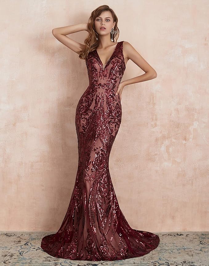 Women's Double V-Neck Sequins Lace-up Mermaid Evening Dress