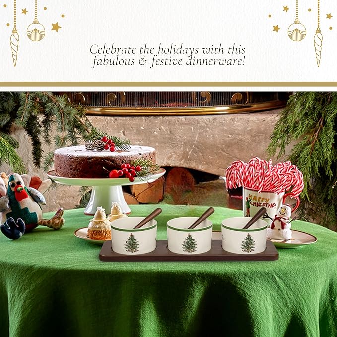 Portmeirion Spode Christmas Tree Holiday Serving Dishes - 7-Piece Set, Beige/Green, Ceramic Serving Bowl - Dip Bowls - Holiday Dinnerware, Dishwasher and Microwave Safe, Festive Tableware