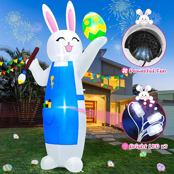 MICOCAH 8FT Easter Inflatables Outdoor Decorations Blow Up Bunny Painting Eggs Built-in LED Lights, Happy Easter Decorations Inflatable Bunny for Indoor Yard Garden Lawn Holiday Party Decor