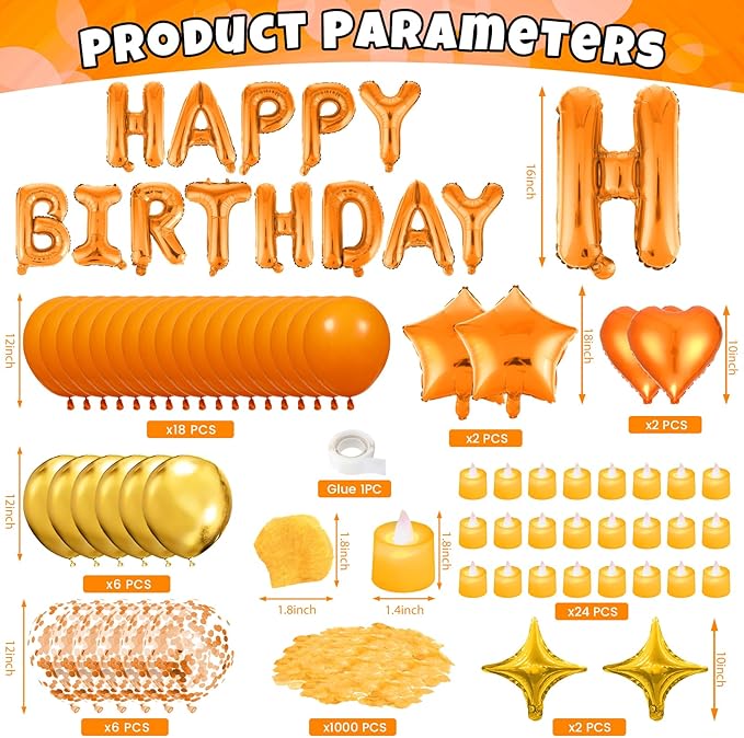 Orange Birthday Balloons Decorations Orange Happy Birthday Balloon Letters Banner with 6 Pcs Star Balloons Artificial Rose Petal 24 Flameless LED Candles for Room Hotel Party Decorations Supplies