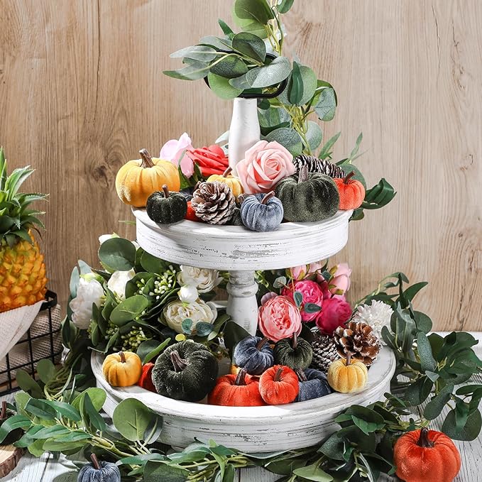2 Pcs Artificial Maple Leaf Rattan Garland 24 Harvest Velvet Foam Fabric Pumpkins Decorative for Home Farmhouse Fireplace(Colorful)