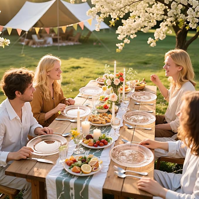 GATHER 350PCS Rose Gold Plastic Plates - Disposable Rose Gold Dinnerware Includes 100 Clear Rose Golds Rimmed Plastic Plates, 150 Silverware, 50 Napkins, 50 Cups for Party, Wedding, Valentine's Day