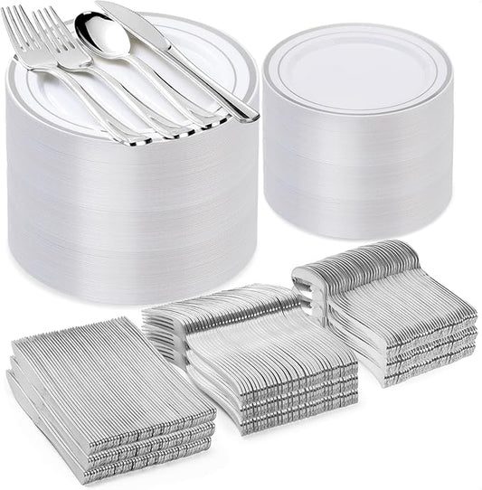 BESTVIP 600PCS Silver Plastic Plate Set (100 Guests), Disposable Plates for Party Wedding Birthday, Dinnerware Set of 200 Plastic Plates, 200 Forks, 100 Spoons, 100 Knives for Christmas