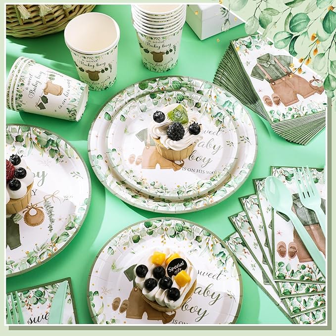 Dandat 350 Pcs Baby Shower Plates Set Baby Shower Party Supplies Serves 50 Tableware Sets Include Plates Napkin Cup Forks Knives Spoons Disposable Dinnerware (Boho,Green)