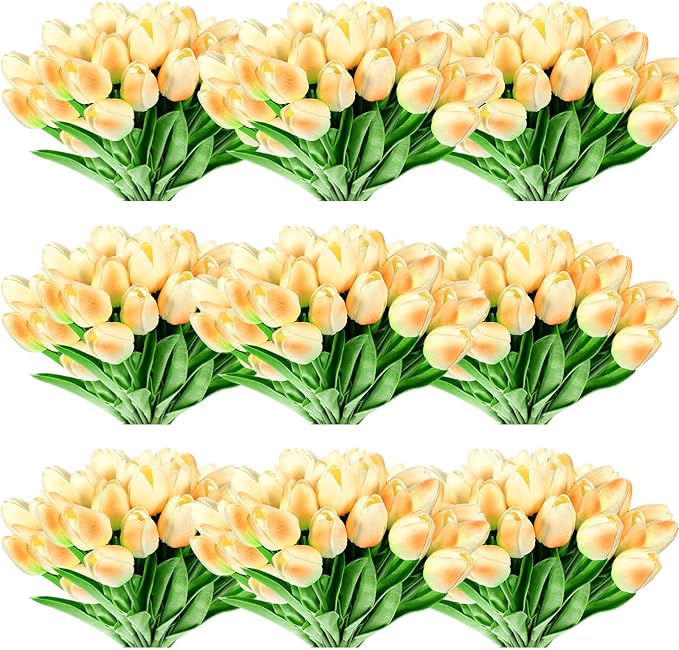 Jexine 100 Pcs Artificial Real Touch Tulips Fake Artificial Tulip Flower Bulk Bouquet with Stem for Table Centerpieces Wedding Bridal Easter Mother's Day Garden Home Decor, 13.4''(Light Champagne)
