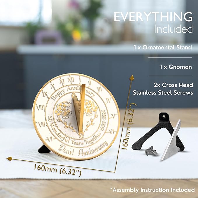 The Metal Foundry Personalized Pearl 30th Sundial - Heavy Duty Recycled Brass Home Decor, Garden Present Made in The UK for Parents, Grandparents, Friends, Couples 30 Years Marriage