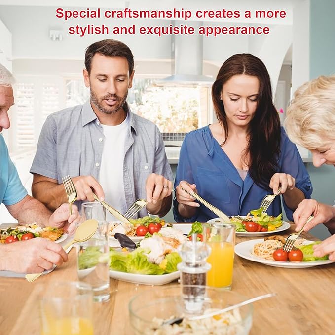 400 PCS Pre Rolled Cutlery Sets, Premium Gold Plastic Flatware Set Wrapped in Red Napkin, Disposable Cutlery Set with 100 Forks, 100 Knives, 100 Spoons, 100 Napkins for Upscale Wedding, Party, Dinner