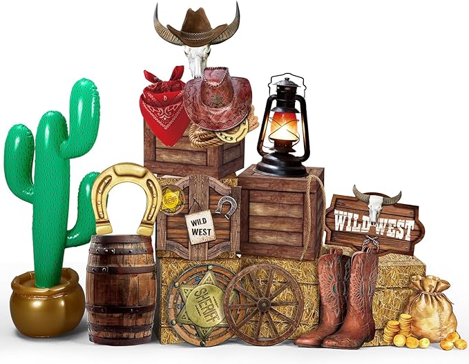 20 Pcs Western Cowboy Party Decorations Hay Bales Straw Boxes Inflatable Cactus Cowgirl Card Hat Horseshoe for Birthday Photo Booth Props Cowboy Party Birthday Farm