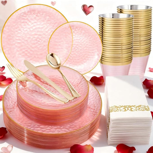 DaYammi 175 Pcs Pink Plastic Plates Dinnerware Set (25 Guests), Pink Disposable Plates, Hammered Party Platos Set Include Dinner Platos, Dessert Plates, Cups, Cutlery for Valentine's Day Party