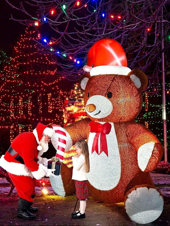 Kalolary Fluffy Bear Inflatable with LED Light, Christmas Blow Up Indoor Decoration, Xmas Teddy Yard Inflatable for Holiday Family Party Lawn Decor