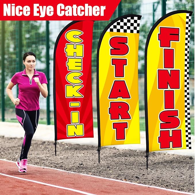 Buryeah 3 Sets Start Finish and Check-in Feather Flag 8 ft Start Advertising Banner Swooper Flag with Pole Kit and Ground Stake for Marathons and Special Events Outside, Red and Yellow