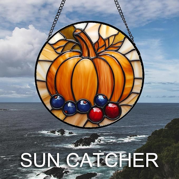 Stained Glass Window Hanging Fall Pumpkin Berries 9.8" - Suncatcher Door Garden Kitchen Sunroom Sun Catcher Autumn Home Decor Birthday for Mom Grandma Men Woman