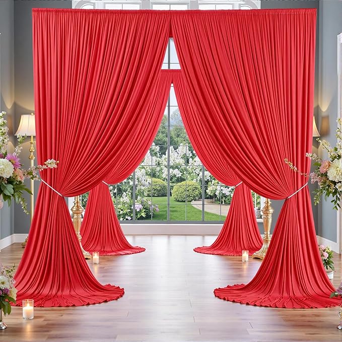 30ft x 10ft Wrinkle Free Red Backdrop Curtain for Parties, 6 Panels 5×10ft Silky Polyester Red Photo Backdrop Drapes Back Drop Cloth for Birthday Theme Party Wedding Photography Background