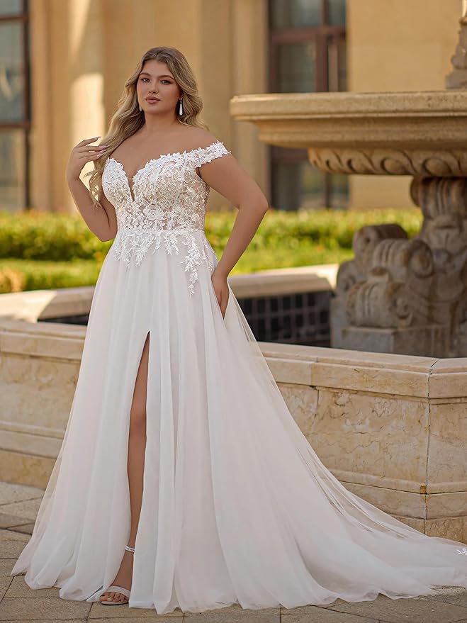 Plus Size Wedding Dresses for Bride Long Sleeve Wedding Bridal Gowns with Lace Appliques Off Shoulder Bride Dress