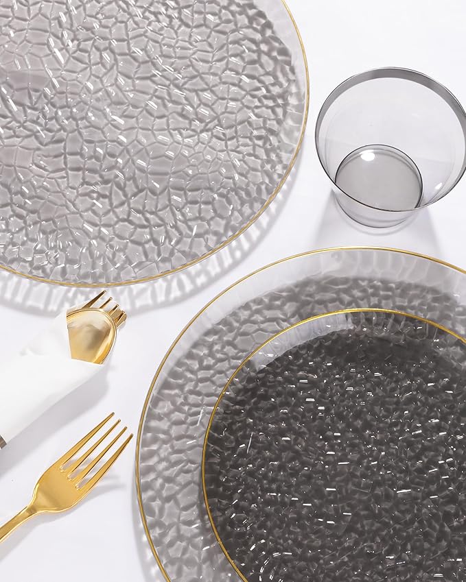Hioasis 175pcs Black Gold Plastic Plates - Black Plastic Dinnerware Set Includes 25 Dinner Plate, 25 Dessert Plate, 25 Cups, 25 Napkins Perfect for Wedding & New Year