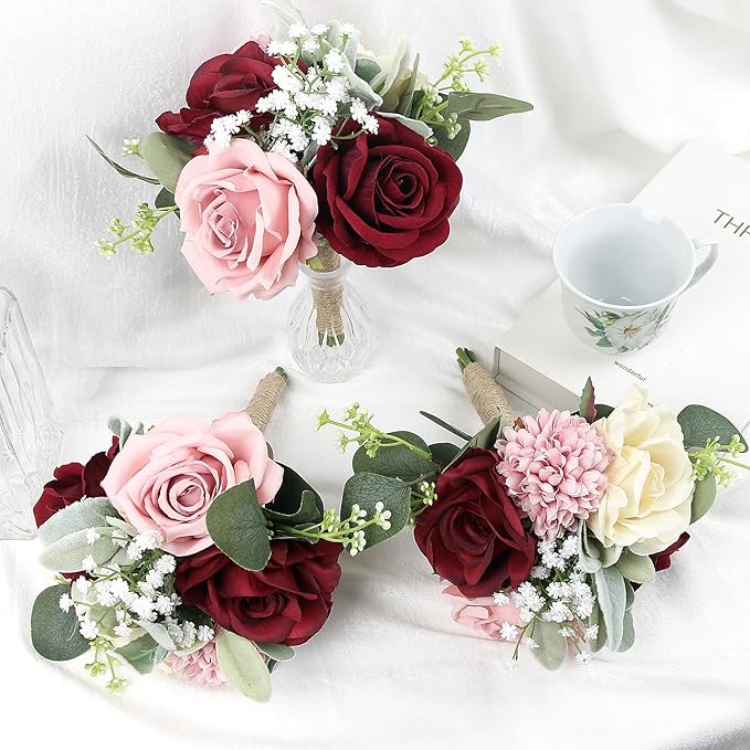 Set of 4 Artificial Bridesmaid Bouquets Blush & Burgundy -7 Inch Silk Rose Wedding Flower Bouquets for Bridesmaid Holding Flowers , Bridal Shower, Wedding Centerpiece Ceremony and Anniversary