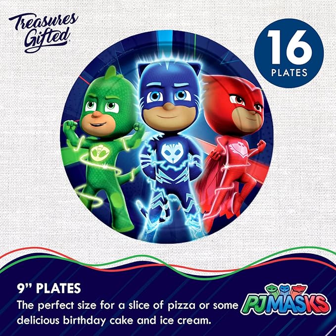 Treasures Gifted Officially Licensed PJ Masks Birthday Party Supplies - Serves 16 Guests - Dinnerware Deluxe Set PJ Masks Party Party Decorations - Tablecloth, Plates, Napkins & Cups