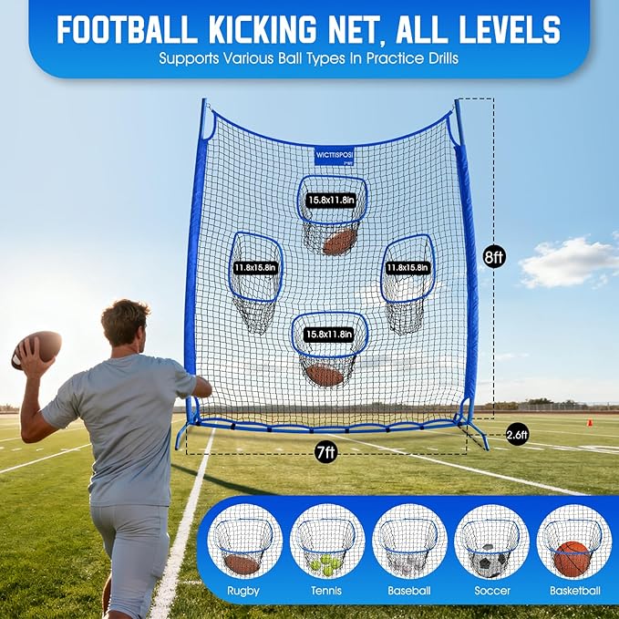 Football Throwing Net, Upgrade Heavy Duty Metal Frame Quarterback Training Equipment Throwing Machine with 1-4 Targets, Easy Setup Football Target Practice with CarryBag, Allweather Indoor Outdoor Use