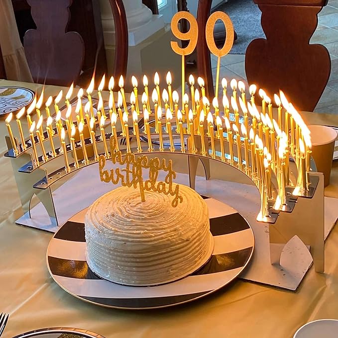 Silver-Mirror Finish Candle Holder for Milestone Birthday, Candlestick Holder, Table Decor for 40th, 50th, 60th, 70th, 75th, 80th, 90th, 100th, Includes 100 Gold Birthday Candles