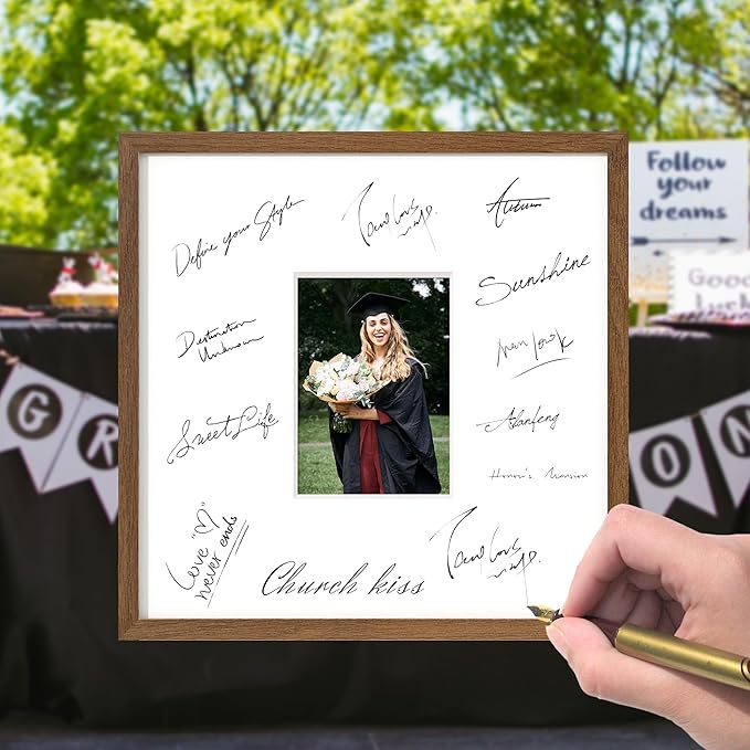 Axeman 14x14 Signature Picture Frame - Solid Oak Wood 14x14 Picture Frame With Mat to 5x7, Graduation Wedding Birthday Guest Book Party Signing, Hanging Hardware Included, Walnut
