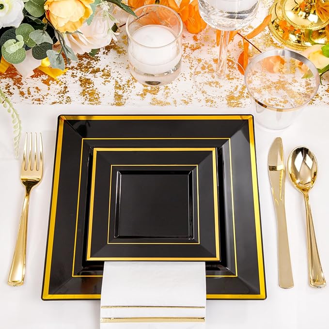 Festiva 350Pcs Black and Gold Plastic Plates-50Guests Disposable Square Black Dinnerware Set include 100 Plastic Plates,50Cups,150Plastic Cutlery,50Napkins for Party &Wedding&New Year