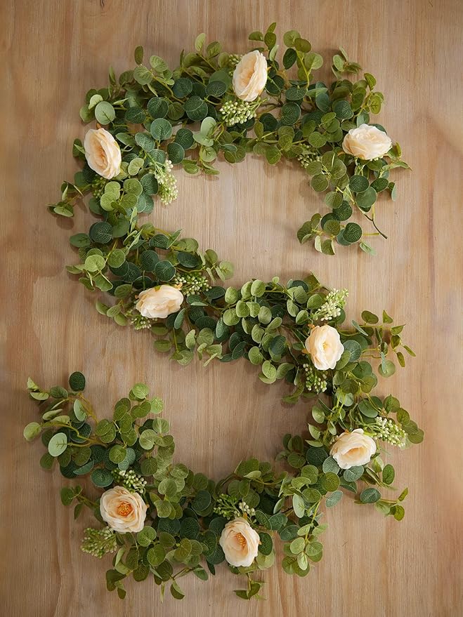 PARTY JOY 2pcs 6.56ft Eucalyptus Garland with Flowers-8 Champagne Roses-Lush,Natural Looking, Floral Garland Greenery for Party Wedding Table Indoor Outdoor Backdrop Wall Decor（Champagne）
