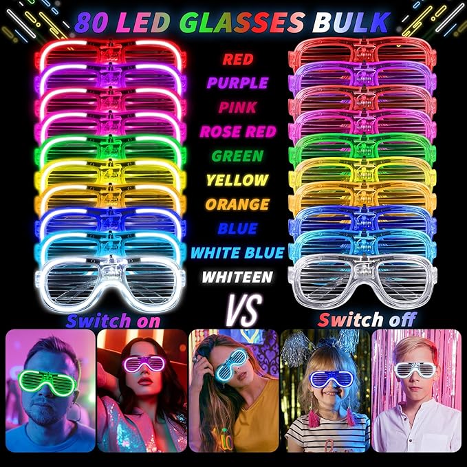 80 Pack LED Glasses, Light Up Glasses, 10 Neon Color Party Supplies for Kids Adult, Shutter Shades Light up Glasses, Glow Sticks Sunglasses Party Favors Birthday Christmas Carnival Party Glow Toys