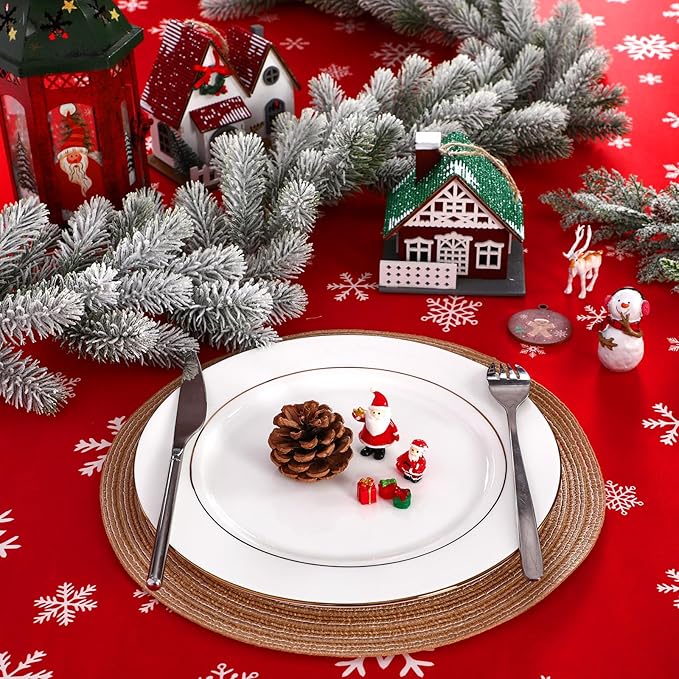 Oudain 2 Pcs Christmas Stretch Table Cover 6 Feet Red Green and Gold Xmas Spandex Table Clothes Christmas Trees Snowflake Party Decorations for Holiday Party Celebration Picnic Dinner Decor