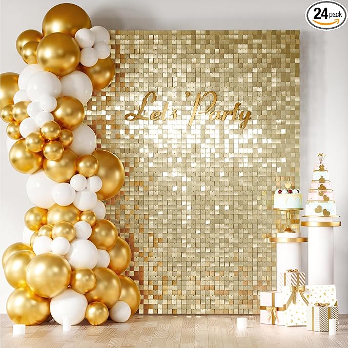 COKAOBE Light Gold Shimmer Wall Backdrop 24PCS Gold Sequins Backdrop Decoration Panels, Photo Backdrops for Birthday, Anniversary Wedding Engagement Decoration (Light Gold)