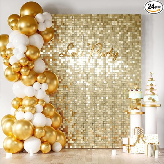 COKAOBE Light Gold Shimmer Wall Backdrop 24PCS Gold Sequins Backdrop Decoration Panels, Photo Backdrops for Birthday, Anniversary Wedding Engagement Decoration (Light Gold)