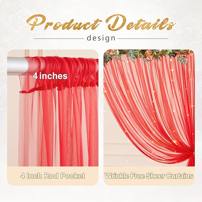 10x10ft Red Tulle Backdrop Curtain with Lights String for Parites, Sheer Photo Backdrop Curtains with Lights for Valentines Wedding Backdrop Ceremony Reception Bridal Baby Shower Birthday Party