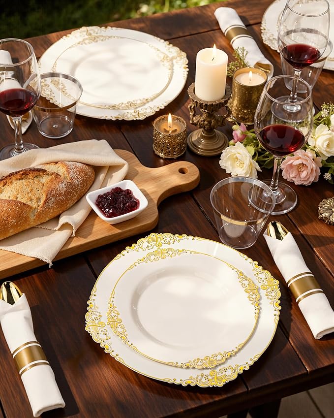 Nervure 100Pcs Ivory Plastic Plates - 7.5inch Ivory and Gold Disposable Plates - Heavyweight Plastic Plate - Dessert Plate for Wedding & Party