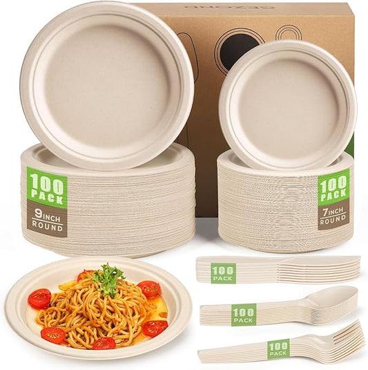 Gezond Compostable Paper Plates Set 500pcs Disposable Plates Heavy-Duty Plate Cutlery Eco-friendly Dinnerware Set for Party Picnic
