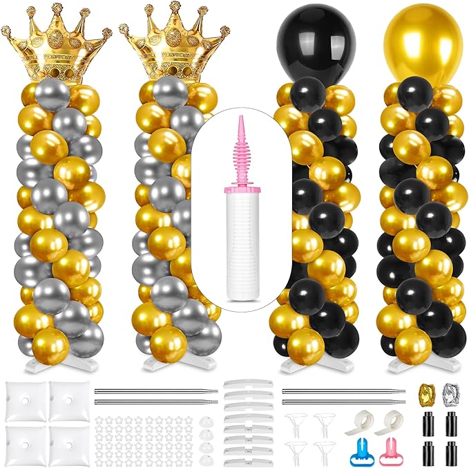 4 Sets Adjustable Balloon Column Stand and Balloon Pump, 9 Feet Metal Balloon Stands for Floor, Balloon Column kit for Baby Shower Graduation Wedding Birthday Party