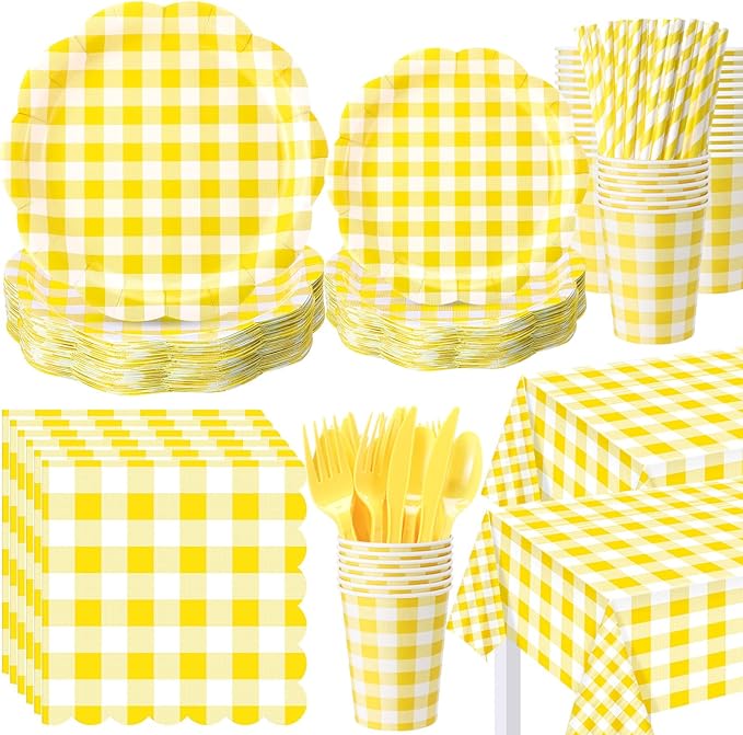 452 Pcs Yellow Gingham Party Supplies for 50, Yellow and White Gingham Checkered Paper Plates Napkins Cups Tablecloth Cutlery Straws for Birthday Family Picnic Barbecue Party Decoration