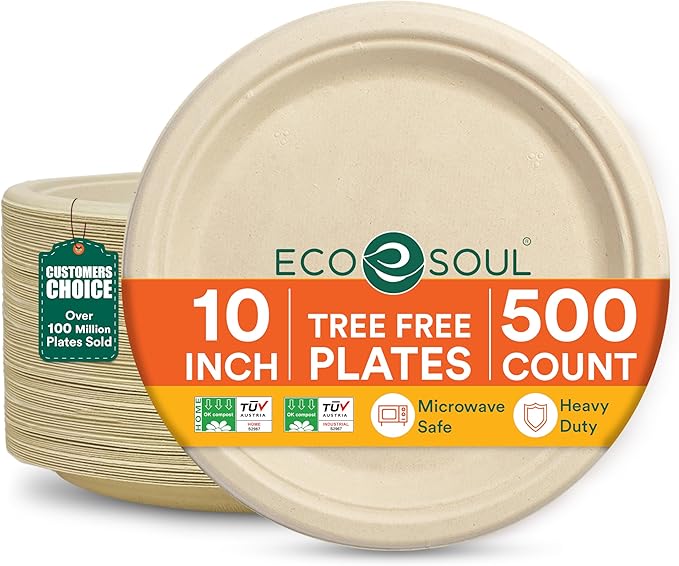 ECO SOUL 10 Inch Compostable Disposable Paper Plates [500 Pack] Food Safe 100% Virgin Bagasse Pulp Heavy Duty Biodegradable Microwave Safe Large Round Dinner Plate for Party, Picnic & BBQ (Brown)