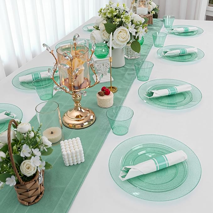 DaYammi 210PCS Green Glitter Plastic Dinnerware Set for 30 Guests, Fancy Disposable Plates for Party, Include: 30 Dinner Plates, 30 Dessert Plates, 30 Pre Rolled Napkins and 30 Cups