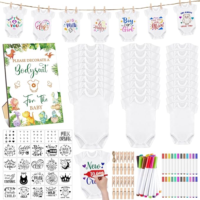 Panitay 126 Pcs Baby Shower DIY Bodysuit Set Bib 25 Blank White Newborn Bodysuit 25 Stencils 24 Marker 1 Sign 50 Pins(Dinosaur)