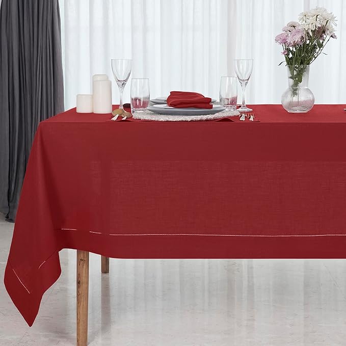 D'Moksha Homes Red Linen Tablecloth for Rectangle Tables 60 x 90 Inch - 100% Pure Linen Red Table Cloth - Classic Hemstitch, Machine Washable Tablecloth for Valentines, Spring