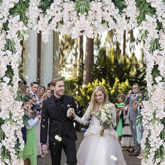 Duovlo 4Pcs 6.6Ft/Piece Imitation Silk Wisteria Garland Hanging Flower Vine for Home Outdoor Garden Ceremony Wedding Arch Floral Decor (Milk White)
